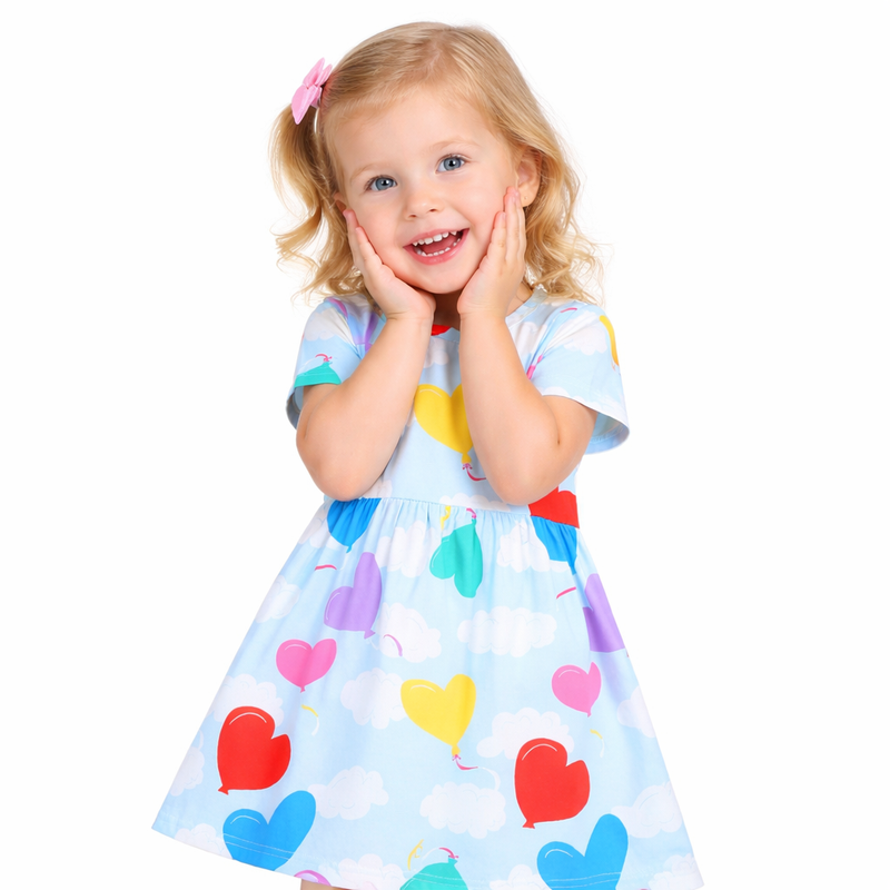Whimsical Heart Balloon Sky Blue Toddler & Girls Cotton Party Dress  girls clothing YAG Boutique