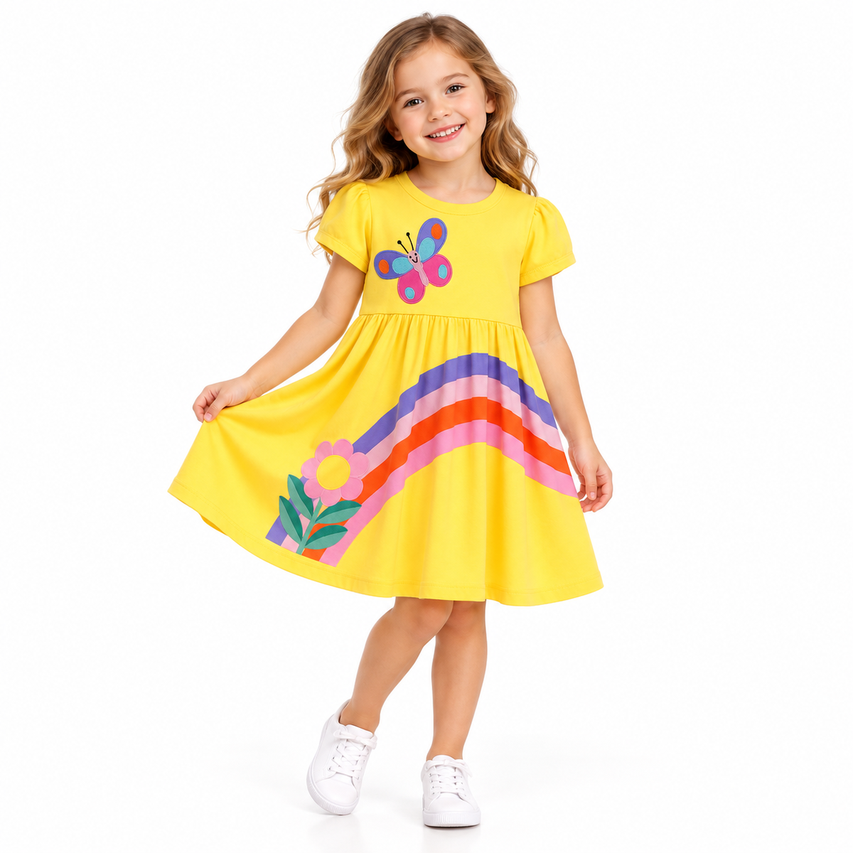 Yellow Butterfly & Rainbow Girls Short Sleeve Cotton Play Dress  girls clothing YAG Boutique