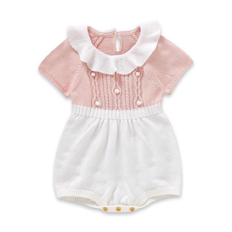 Baby Girl Pink & White Cotton Knit Romper Dress with Ruffle Collar  girls clothing YAG Boutique