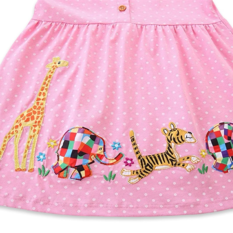 Embroidered Safari Friends Pink Polka Dot Long Sleeve Girls' Dress  girls clothing YAG Boutique