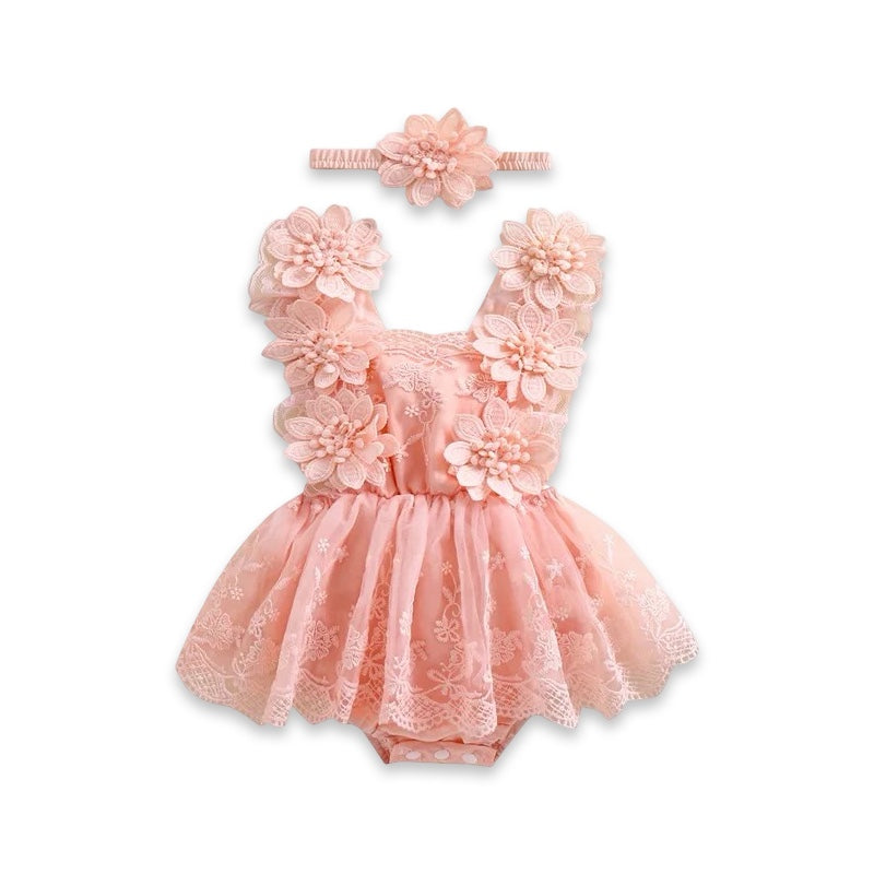 Baby Girl Floral Lace Romper Dress with Matching Headband  baby clothing YAG Boutique