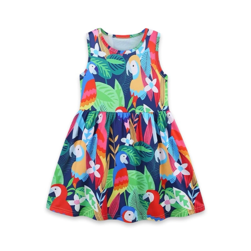 Tropical Parrot Print Girls Summer Dress  girls clothing YAG Boutique