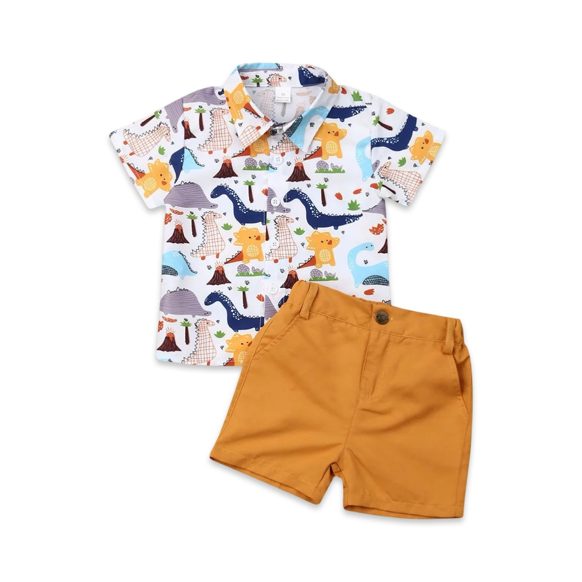 Boys Dinosaur Print Shirt & Mustard Shorts Set  kids clothing YAG Boutique
