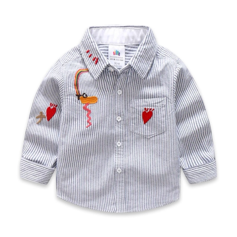 Grey Stripe Flamingo Embroidered Boys Shirt  kids clothing YAG Boutique