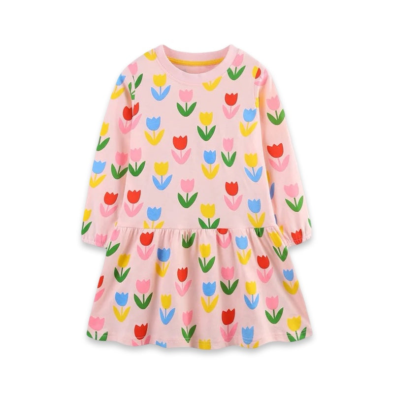 Girls Pink Tulip Print Long Sleeve Cotton Dress  girls clothing YAG Boutique