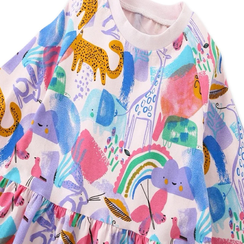 Rainbow Jungle Safari Long Sleeve Girls Dress  girls clothing YAG Boutique