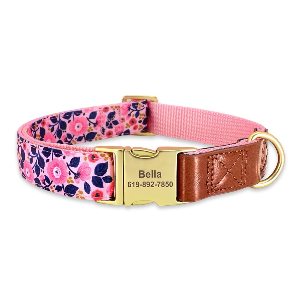 Personalised Floral Dog Collar with Engraved Name Buckle  pet accessories YAG Boutique