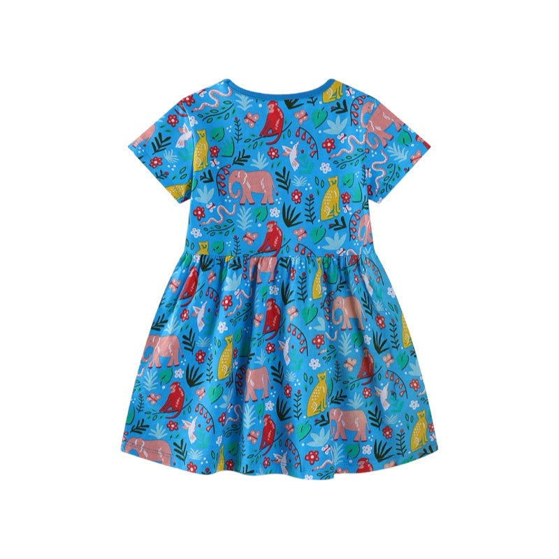 Jungle Adventure Print Girls’ Cotton Dress – Blue Animal Pattern Summer Outfit  girls clothing YAG Boutique