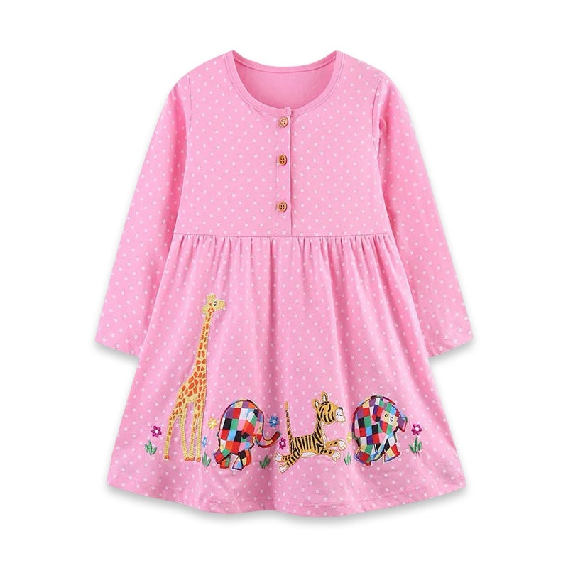 Embroidered Safari Friends Pink Polka Dot Long Sleeve Girls' Dress  girls clothing YAG Boutique