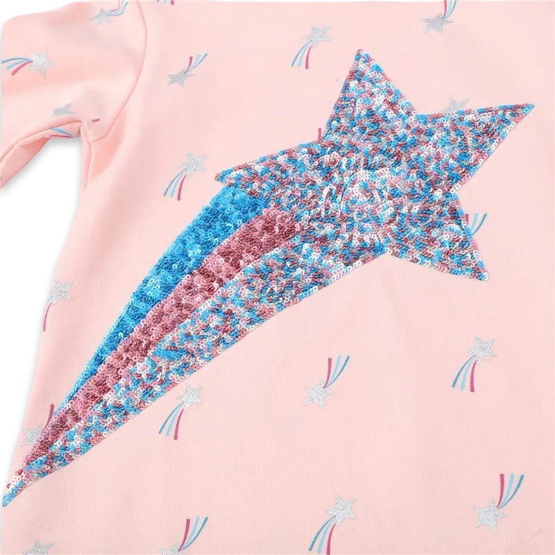 Girls Pink Sequin Shooting Star Hoodie Dress  girls clothing YAG Boutique
