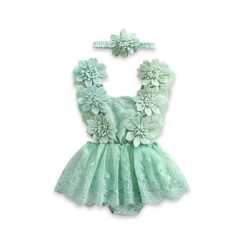 Baby Girl Floral Lace Romper Dress with Matching Headband  baby clothing YAG Boutique