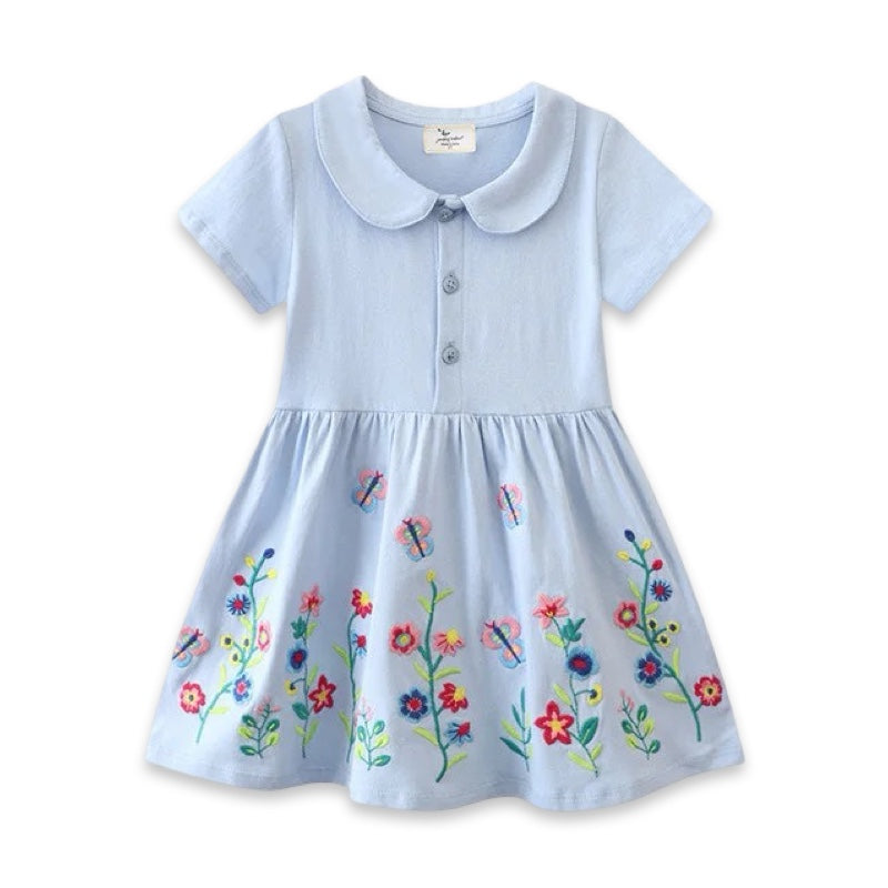 Sky Blue Embroidered Floral Collar Dress for Girls  girls clothing YAG Boutique