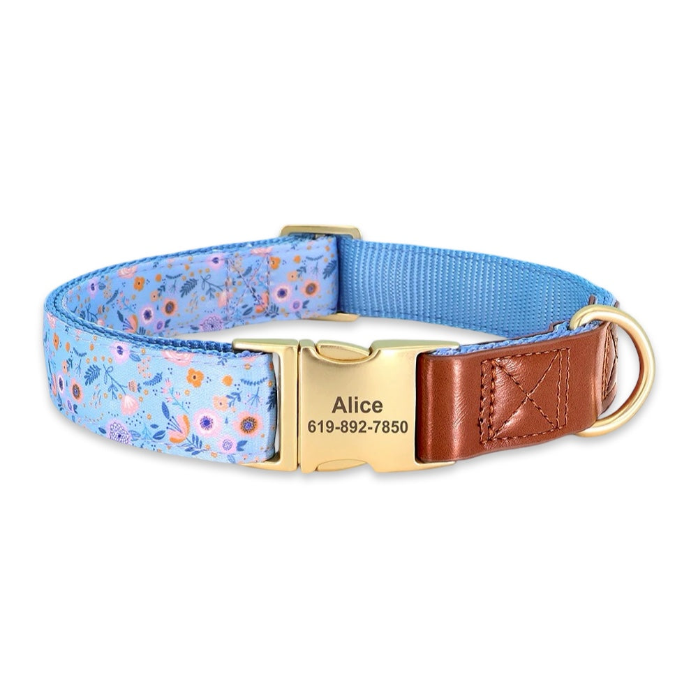 Personalised Floral Dog Collar with Engraved Name Buckle  pet accessories YAG Boutique