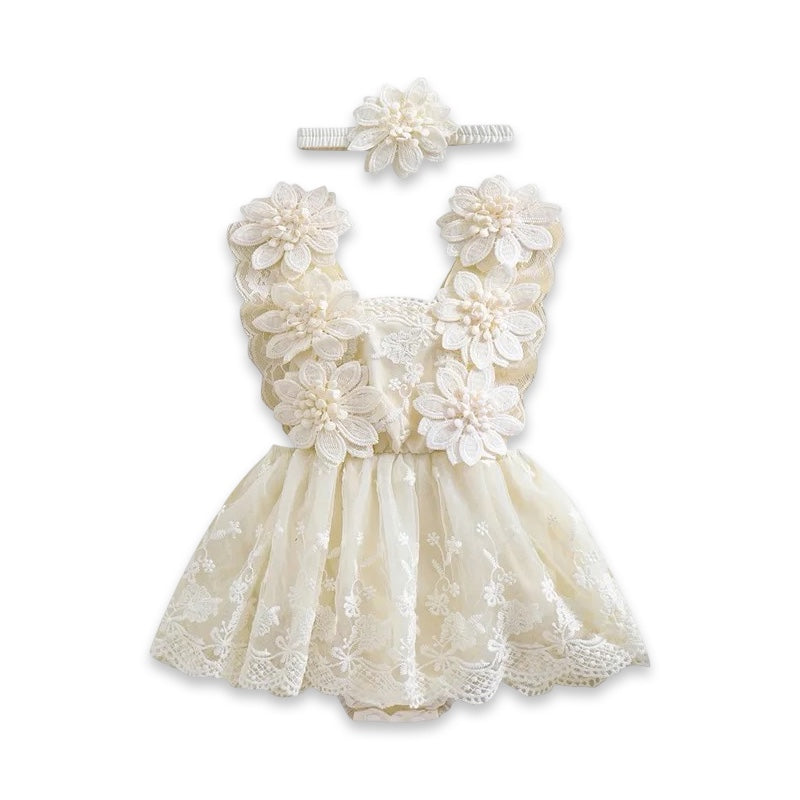 Baby Girl Floral Lace Romper Dress with Matching Headband  baby clothing YAG Boutique