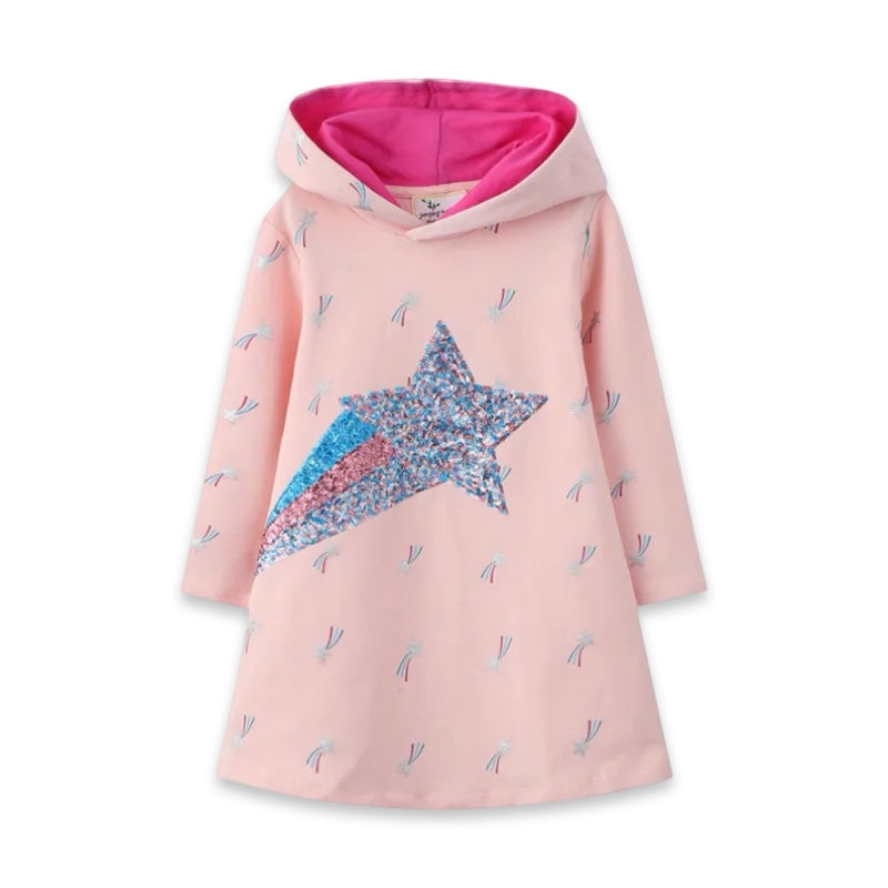Girls Pink Sequin Shooting Star Hoodie Dress  girls clothing YAG Boutique