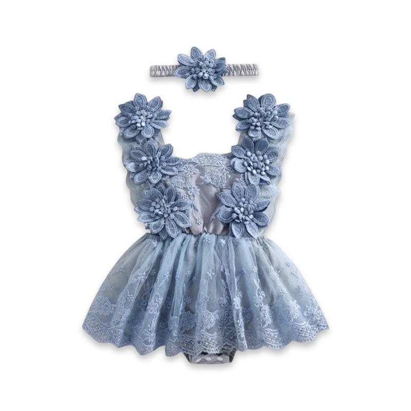 Baby Girl Floral Lace Romper Dress with Matching Headband  baby clothing YAG Boutique
