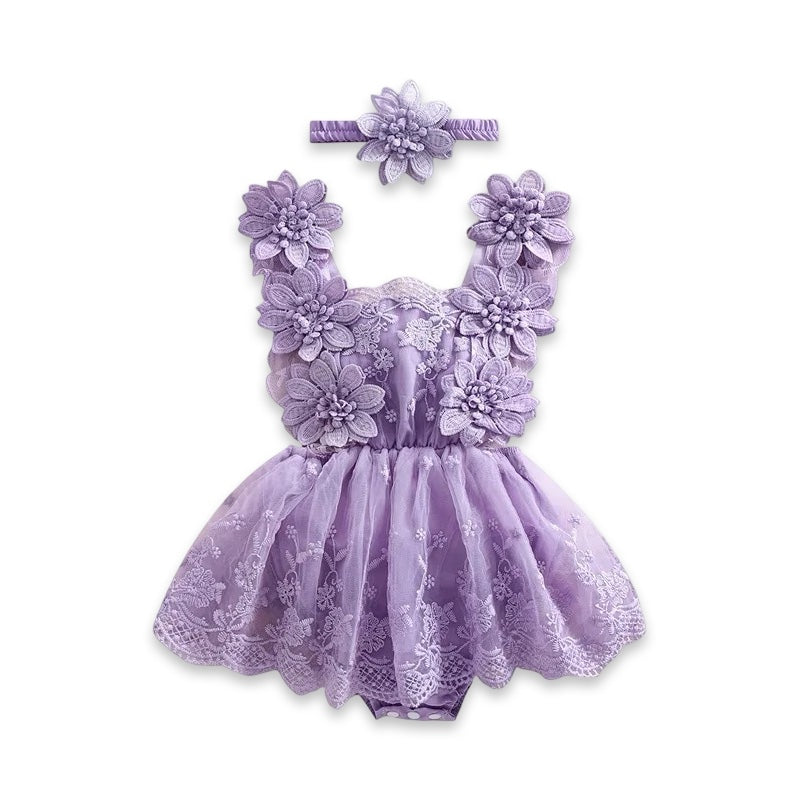 Baby Girl Floral Lace Romper Dress with Matching Headband  baby clothing YAG Boutique