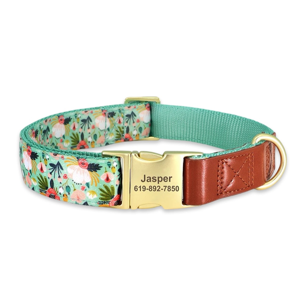 Personalised Floral Dog Collar with Engraved Name Buckle  pet accessories YAG Boutique
